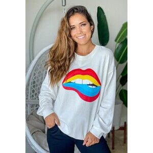 Vtg Oversized Medium Rainbow Biting Lips Pop Graphic CrewNeck Sweatshirt USA